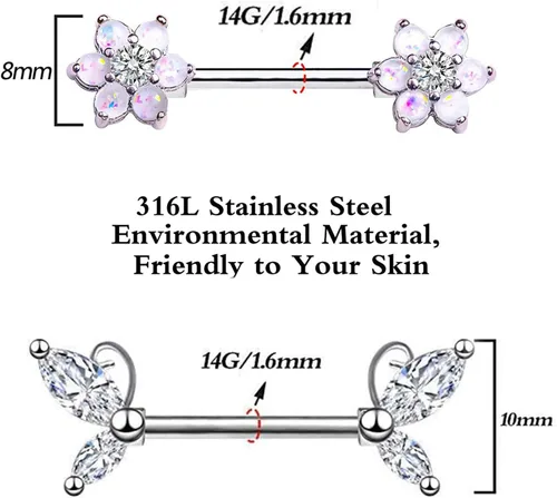 Vista 2 de 2PCS 14G 316L acero inoxidable transparente CZ pezón anillos Barbell mariposa pezón piercings joyería para mujeres (plata), Acero inoxidable