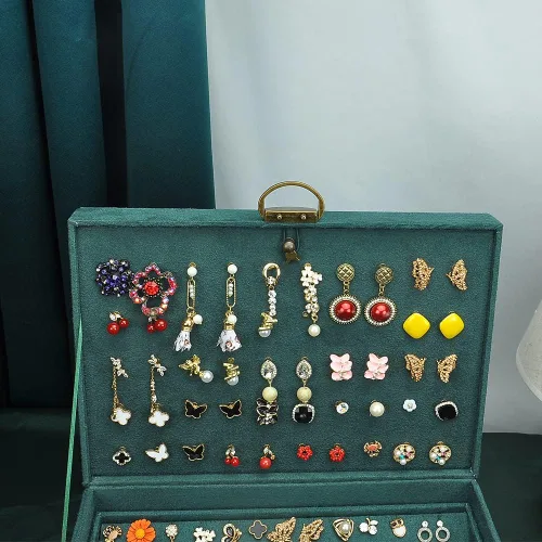 Vista 8 de GYJOYERO Joyero organizador de aretes de joyería para mujeres y niñas, 4 capas con cajones, collares, anillos, relojes, vitrina, almacenamiento