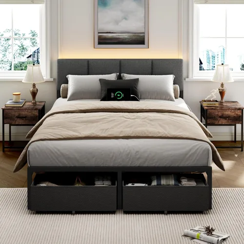 Vista 10 de Furnulem Base de cama de tamaño matrimonial con estación de carga y luces LED, cabecera tapizada de piel sintética, cama de plataforma de metal