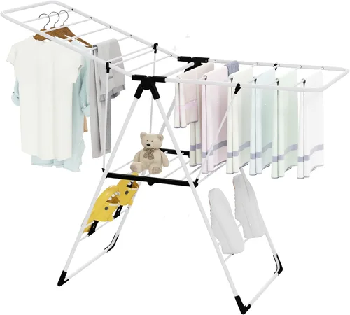 Vista 10 de Tangkula Estante de secado de ropa plegable, estante de secado de aluminio de 2 capas que ahorra espacio con alas ajustables, estante de secado