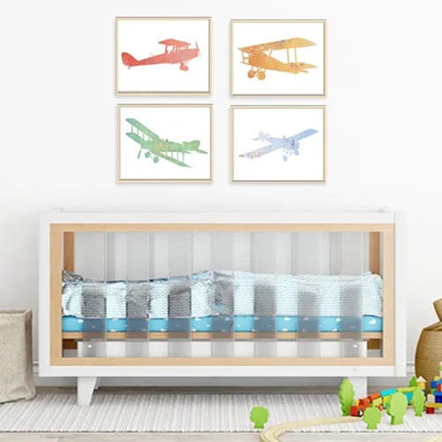 Vista 4 de Impresiones artísticas de aviones de guardería (juego de 4) – sin marco – 8 x 10 segundos Arte de pared encantador y caprichoso para guarderías