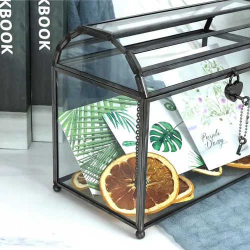 Vista 8 de HighFree Caja grande de cristal para tarjetas de boda de 12.2 pulgadas con ranura y cerradura, terrario geométrico de cobre hecho a mano, caja