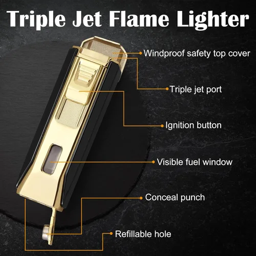Vista 3 de Encendedor de llama triple jet con punzón y soporte, linterna multifuncional resistente al viento, encendedor de butano recargable, caja de regalo