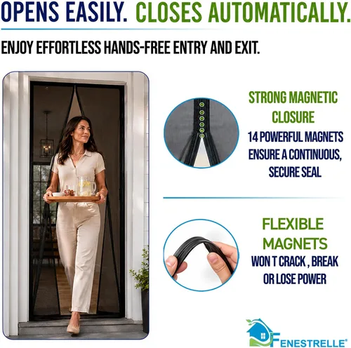 Vista 6 de Puerta magnética de malla de fibra de vidrio resistente de Fenestrelle, con cierre magnético autoajustable, manos libres, con moldura negra – Se