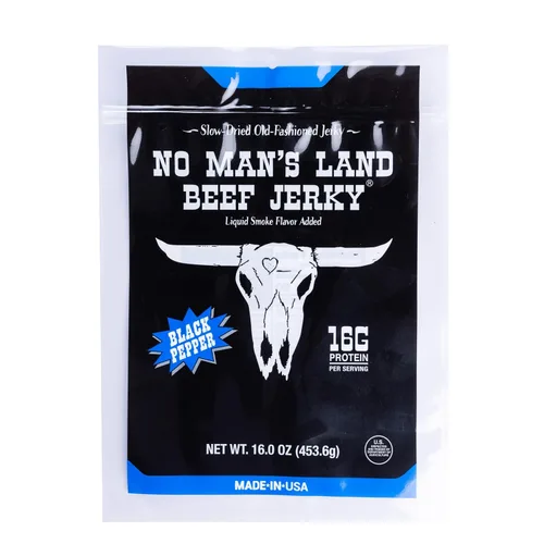 Vista 17 de No Mans Land Beef Jerky - Pimienta negra Tiras de carne seca secadas lentamente, ahumadas y sazonadas Bocadillo de carne de res alto