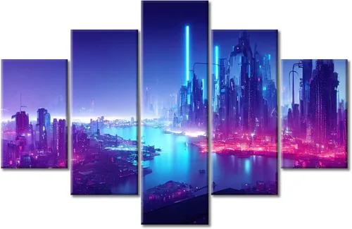 Vista 108 de Cuadros de 5 paneles de Cyberpunk City, arte de pared, representación de vallas publicitarias, edificios modernos en la capital con obras de arte