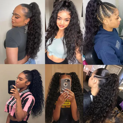 Vista 6 de Extensiones de cabello con ondas de agua para cola de caballo, trenzado humano, pegamento mágico Pony, extensiones de cabello humano brasileño