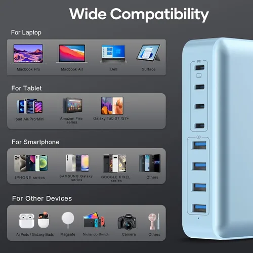 Vista 5 de Estaciones de carga múltiple de 8 puertos de 200 W con enchufe plano, cable de alimentación trenzado e interruptor de encendido/apagado