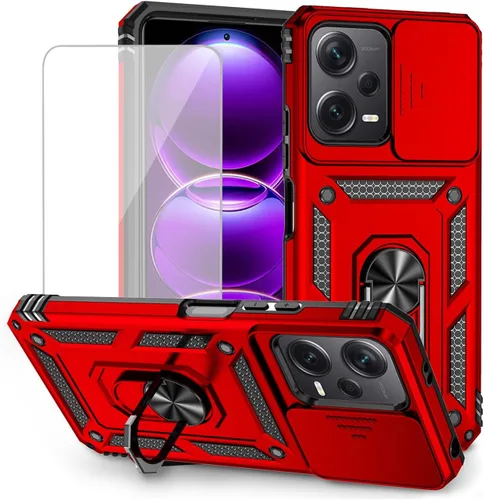 Vista 9 de Funda para Redmi Note 12, Poco X5 5G con protector de pantalla de vidrio templado y cubierta de cámara deslizante, anillo magnético soporte de Verde