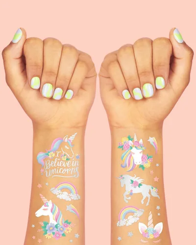 Vista 3 de xo, Fetti Recuerdos de fiesta de unicornio – Tatuajes temporales para niños – 26 estilos Suministros para fiesta de cumpleaños, decoraciones