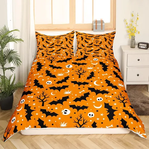 Vista 10 de Feelyou Funda de edredón de Halloween, tamaño individual, con 1 funda de almohada, decoración de Halloween, juego de ropa de cama con estampado