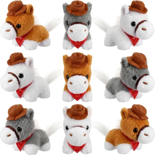 Vista 7 de Paquete de 9 animales de peluche de 4 pulgadas, mini juguete de peluche de pie con sombrero de vaquero y bandana, cadena desmontable para decoración