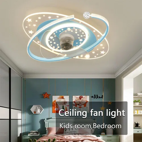 Vista 6 de Ventilador de techo azul para niños de 20.5 pulgadas con luz, control remoto, 6 velocidades, perfil bajo Playful blue flush mount fan light for