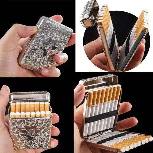 Vista 6 de Caja de cigarrillos de metal, caja de cigarrillos vintage, tamaño King, paquete portátil de 16 unidades, cigarrillos de tamaño regular, regalos