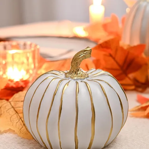 Vista 3 de FESTGLOX Decoración de calabaza de otoño, 2 figuras de calabaza falsas de resina de Acción de Gracias, calabazas blancas y doradas para decoración