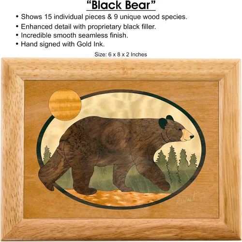 Vista 2 de Caja de madera con diseño de oso de arte, hecha a mano en Estados Unidos, calidad inigualable, única, no hay dos iguales, obra original de arte
