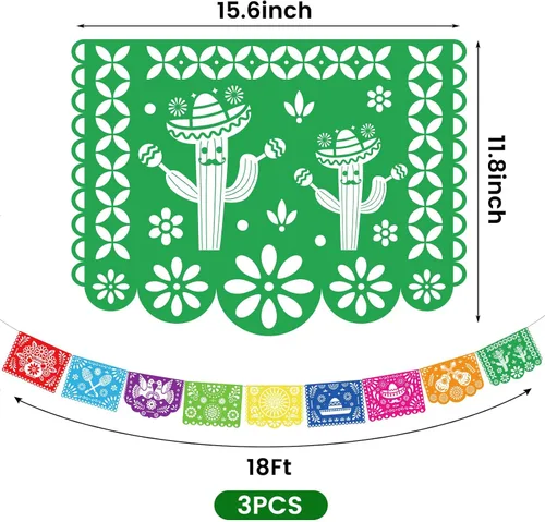Vista 7 de DomeStar Paquete de 3 Pancartas de Fiesta Mexicana, 54 Pies Papel Picado Guirnalda de Banner de Fiesta para Cinco de Mayo Día de los Muertos