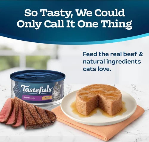 Vista 3 de Blue Buffalo Tastefuls Natural Pate - Comida húmeda natural para gatos, ternera, latas de 5.5 onzas (24 unidades) La carne de res real es lo