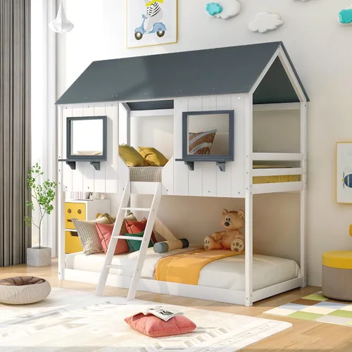 Vista 27 de Cama de Casa Tamaño Twin con Elegantes Ventanas y Estantería, Marco de Litera con Diseño de Castillo de Madera con Barandillas de Seguridad