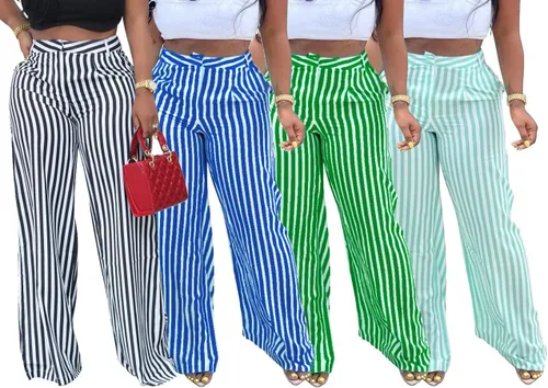 Vista 3 de MESLIMA Pantalones de cintura alta con cierre de botón para mujer, estampado a rayas, pantalones sueltos de pierna ancha