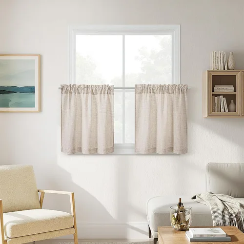 Vista 27 de Cortinas de cocina de lino semitransparente beige de 24 pulgadas de largo, 2 paneles Cream, Cafe Short Curtains, for Bathroom Small Windows, Light