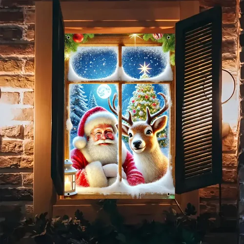 Vista 2 de BlissYard Cubierta de ventana de Navidad de 31 x 47 pulgadas, Papá Noel y reno, escena de nieve de invierno, decoración de vacaciones, fondo festivo