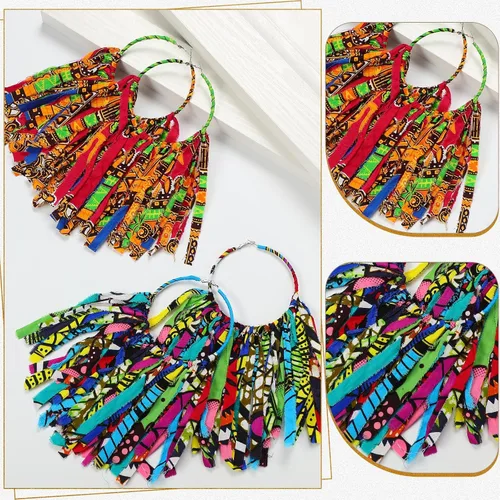Vista 4 de Bonuci 2 pares de aretes de borla de tela africana Ankara con flecos, aretes africanos para el mes de la historia negra, joyería africana para mujer