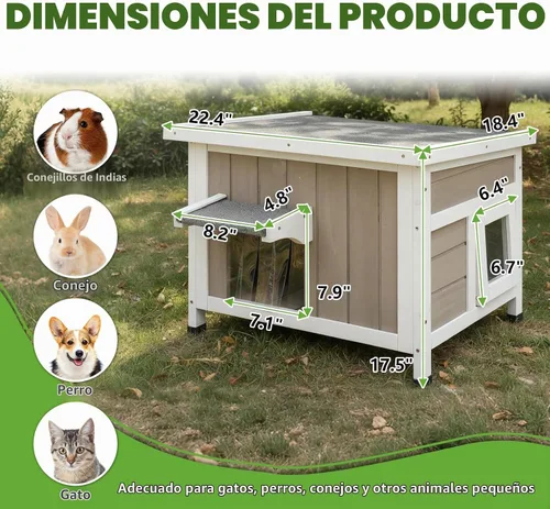 Vista 2 de Casa para gatos al aire libre, refugio de madera resistente a la intemperie para gatos interiores con cortinas de PVC transparentes, techo