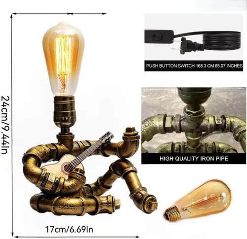 Vista 2 de Lámpara de mesa de guitarra musical, lámpara de mesa robot de guitarra steampunk, lámpara steampunk de guitarras retro, lámpara de robot de tubo