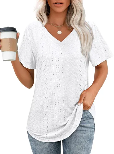 Vista 31 de OFEEFAN Camisetas básicas de manga corta con cuello en V para mujer, ajuste holgado, con dobladillo curvado B-verde