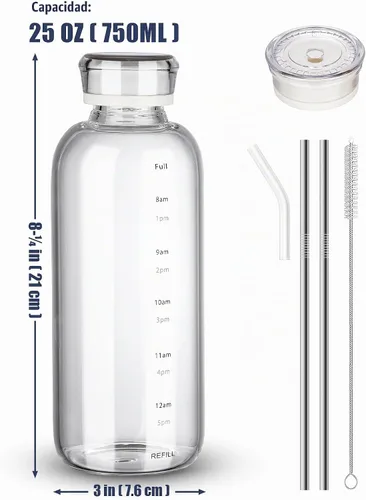 Vista 7 de NiHome - Botella de agua de vidrio de 25 onzas / 25.4 fl oz con pajitas de metal, 2 tapas, transparente High Borosilicate Glass Water Bottle with