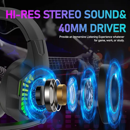 Vista 2 de Auriculares con cable para juegos con retroiluminación RGB arco iris, micrófono retráctil con aislamiento de ruido, sonido estéreo, graves