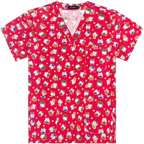 Vista 7 de Uniforme de enfermera de impresión de dibujos animados para mujer, manga corta, uniforme de trabajo de enfermería, uniforme, blusa de algodón 62056
