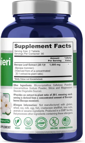 Vista 2 de NusaPure Bacopa Leaf Monnieri Capsules, 1000 mg, 180 tabletas (sin OMG, veganas)