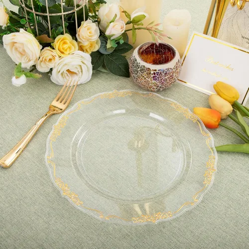 Vista 7 de DaYammi 60 piezas de platos de plástico transparente dorado elegantes platos desechables transparentes resistentes premium de 10.25 pulgadas