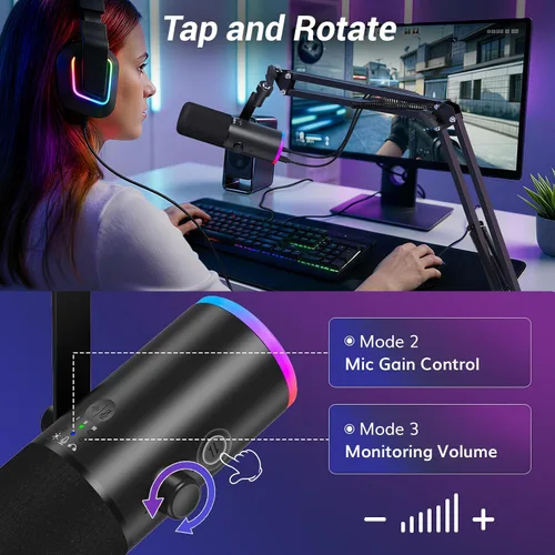 Vista 5 de TONOR Micrófono dinámico para juegos, transmisión de micrófono XLR/USB, cancelación de ruido AI, RGB controlable, Tap Mute, conector