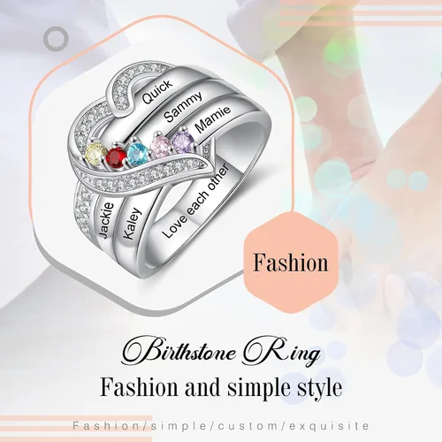 Vista 6 de Anillo personalizado con piedra natal de la madre, anillos grabados personalizados para mujeres con 1-6 piedras de nacimiento y nombres, regalo