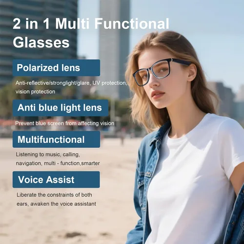 Vista 2 de Quaoar Lentes de audio Bluetooth inteligentes con doble altavoz, micrófono de oído abierto, disparo remoto, asistente de voz para mujeres/hombres