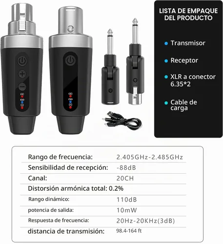 Vista 8 de EBJ Transmisor Receptor de Micrófono Inalámbrico 2.4Ghz, Sistema Inalámbrico de Micrófono XLR, Adaptador de Micrófono Inalámbrico Recargable