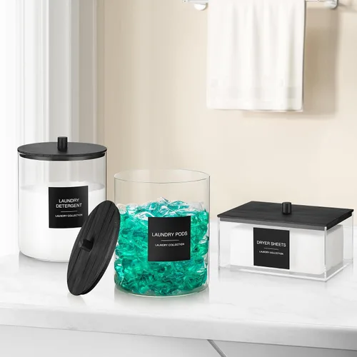 Vista 7 de Paquete de 3 tarros de vidrio y soporte acrílico para secadora, contenedor de cápsulas de lavandería con tapa de bambú y tazas medidoras