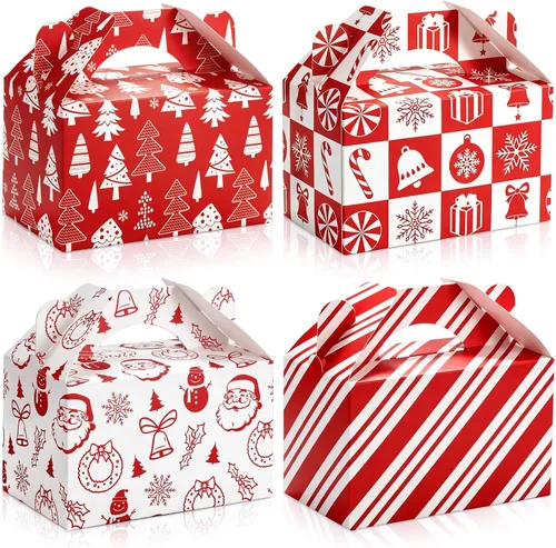 Vista 10 de Cholemy 50 piezas de cajas de regalo de Navidad con asa, cajas de diseño rojo y blanco, cajas de galletas y dulces de Navidad, cajas de papel
