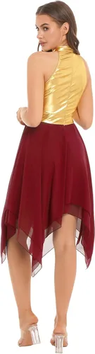 Vista 3 de Vestido de mujer de alabanza litúrgica con bloques de color, sin mangas, con dobladillo irregular, de estilo lírico para danza Borgoña