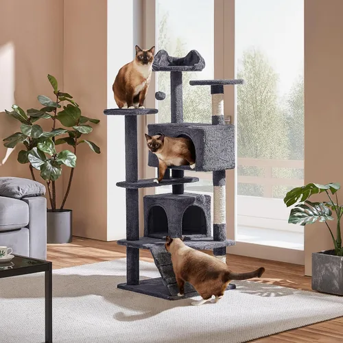 Vista 9 de Yaheetech Árbol para gatos de 54 pulgadas, torre para gatos de varios niveles con espaciosa percha de orejas de gatito, 2 cuevas acogedoras, postes