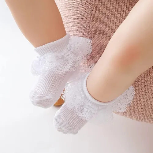 Vista 4 de Calcetines de encaje con volantes y volantes para bebé niña calcetines de triple encaje para vestido de tobillo para recién nacido paquete de 5