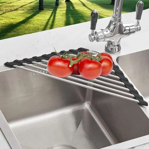 Vista 3 de Escurridor de Platos Triangular para Esquina de Fregadero Enrollable Escurridor de Platos Plegable de Acero Inoxidable Multiusos Sobre el Fregadero