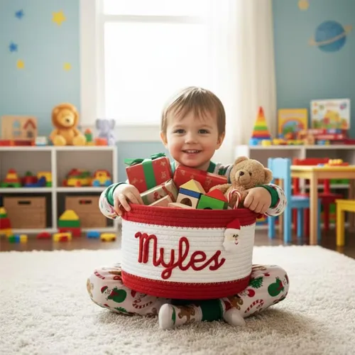 Vista 2 de Cesta de bebé personalizada con nombre, cesta de regalo de algodón de cuerda personalizada, canasta de juguetes, canasta tejida con monograma