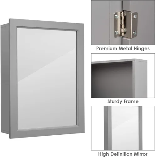 Vista 8 de Tangkula Armario de baño con espejo, gabinete de almacenamiento de montaje en pared con puertas individuales, botiquín colgante para baño (gris)