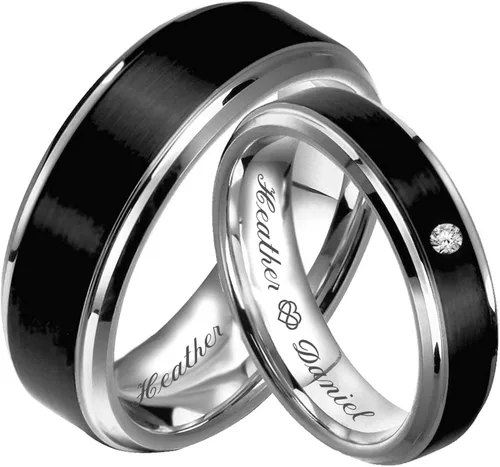 Vista 3 de Anillo de pareja de acero inoxidable personalizado con corte biselado negro y plata de dos tonos grabado personalizado gratis - Ships from USA