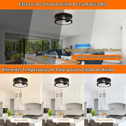 Vista 3 de Lámpara de techo negra de montaje al ras, lámpara de estilo rústico con pantalla de cristal granulado, iluminación industrial de 2 luces cerca
