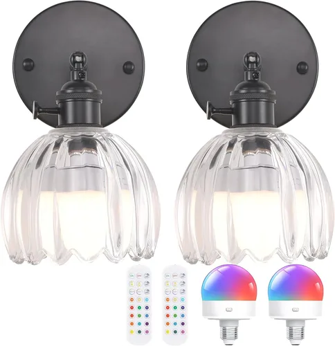 Vista 44 de Shenmoyl Aplique de pared vintage a pilas con bonita pantalla de vidrio de tulipán blanco, inalámbrico, recargable, luz de pared funciona